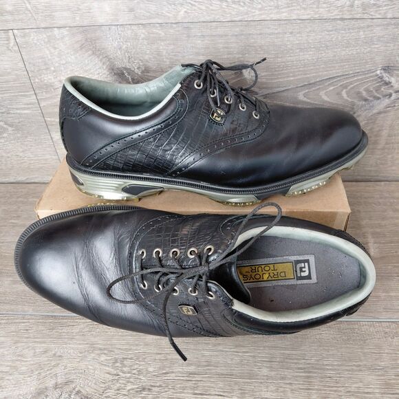 FootJoy DryJoy Tour Golf Shoes Men 9.5 Black Leather Waterproof Soft Spike 53676 - Picture 1 of 12